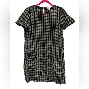 EILEEN FISHER Black White Organic Linen Cotton Blend Shift Plaid Mini Dress XXS